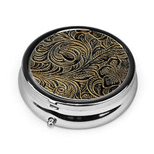 Scatola rotonda per medicina portatile, mini portapillole in metallo, dispenser per pillole tascabili, borsa da viaggio, design damascato floreale nero e oro
