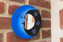 Specchio decorativo da parete sole e luna in legno blu dipinto a mano