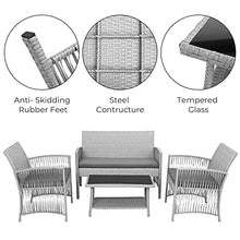 GARTIO Set da Giardino, Set di Mobili in PE Rattan, con Tavolino in Vetro, 1 Divano a Due Posti e 2 Poltrona, con Cuscini, per Giardino, Terrazza e Balcone