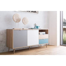 Cuba Dynamic24 - Comò in rovere chiaro con petrolio, colore: bianco e grigio Tricolor, 150 x 71 cm