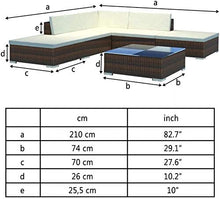 Set di divani da giardino, set di mobili da giardino e terrazza, 2 divani angolari, 1 divano centrale, 1 divano singolo, 1 ottomano, 1 tavolino centrale, 5 cuscini seduta e 6 cuscini schienale