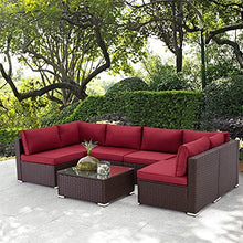 MengFeiNi Set di Mobili per Esterni da 7 Pezzi, Set di Divano in Vimini PE in Rattan, Sedia per Mobili in Sezione All'aperto con Cuscini E Tavolino da caffè