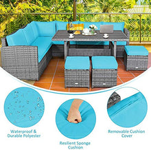 YRRA - Set di 7 mobili da giardino in rattan sezionale, con cuscini per tutte le condizioni atmosferiche, in vimini con tavolo da pranzo e ottomani, colore: Turchese
