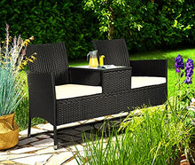 Casaria Panchina da Giardino Polyrattan 2 Posti Tavolino Vetro Cuscini Idrorepellenti 7cm Nero
