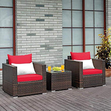 YRRA - Set di mobili da giardino in rattan sintetico, set di 3 pezzi, con cuscino lavabile e vetro temperato da tavolo per conversazione all'aperto, colore: grigio misto, rosso