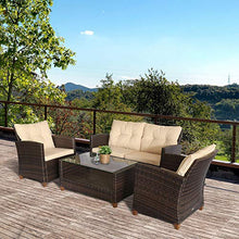 Set Salotto da Giardino Divano 2 Poltrone e Tavolino in Rattan Marrone e Beige