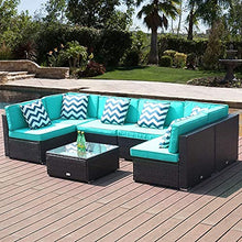 MengFeiNi 7 Set di Mobili da Giardino Conversazione - Pezzi All'aperto all-Meteo in Vimini Divano Rattan con Tavolo tè E Tavolino Lavabile Cuscini Nero (Verde)