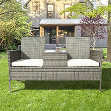 Pumpumly Panchina da giardino in polyrattan, con tavolo da 2 posti, cuscini da 5 cm, grigio