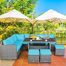 YRRA - Set di 7 mobili da giardino in rattan sezionale, con cuscini per tutte le condizioni atmosferiche, in vimini con tavolo da pranzo e ottomani, colore: Turchese