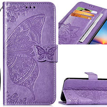 Saceebe Compatibile con Xiaomi 9 SE Custodia pelle Cover a libro Portafoglio Flip Case [Custodia in pelle goffrata con fiori e farfalle con cordino] anteriore e posteriore Bumper Case,viola chiaro