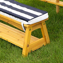 KidKraft 106 Set tavolo e panchine in legno per bambini con cuscini e ombrellone, mobili per giardino e per esterno, Strisce blu navy e bianche