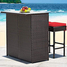 YRRA Patio Bar Set da 3 Pezzi Barra di Vimini in Rattan da 3 Pezzi Set con 2 Cuscini Sgabelli e tavolino in Vetro Set di mobili per Esterni per backyards Patio (Rosso)-Rosso