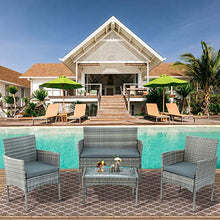 QYLJZB - Set di 4 mobili da giardino in rattan, set da conversazione per giardino, patio, con 2 poltrone singole, 1 Loveseey, 1 tavolo e 3 cuscini (nero/grigio/marrone)
