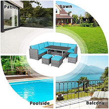 YRRA - Set di 7 mobili da giardino in rattan sezionale, con cuscini per tutte le condizioni atmosferiche, in vimini con tavolo da pranzo e ottomani, colore: Turchese