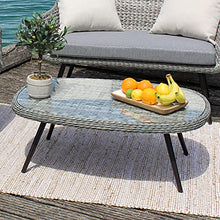 Meubletmoi - Tavolino da giardino con intreccio grigio, piano in vetro temperato e struttura in alluminio, 36 x 98 x 68 cm