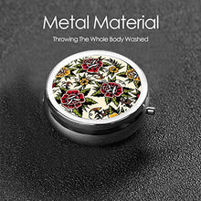 Scatola rotonda per medicina portatile, mini pillole in metallo, dispenser per pillole per borsa da tasca, borsa da viaggio, regalo con fiori tatuaggio