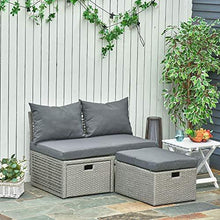 Outsunny Set Mobili da Giardino con Divano 2 Posti, Contenitore e Pouf in Rattan PE Salvaspazio con Cuscini, Grigio - Arredi Casa