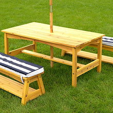KidKraft 106 Set tavolo e panchine in legno per bambini con cuscini e ombrellone, mobili per giardino e per esterno, Strisce blu navy e bianche