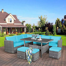 YRRA - Set di 7 mobili da giardino in rattan sezionale, con cuscini per tutte le condizioni atmosferiche, in vimini con tavolo da pranzo e ottomani, colore: Turchese